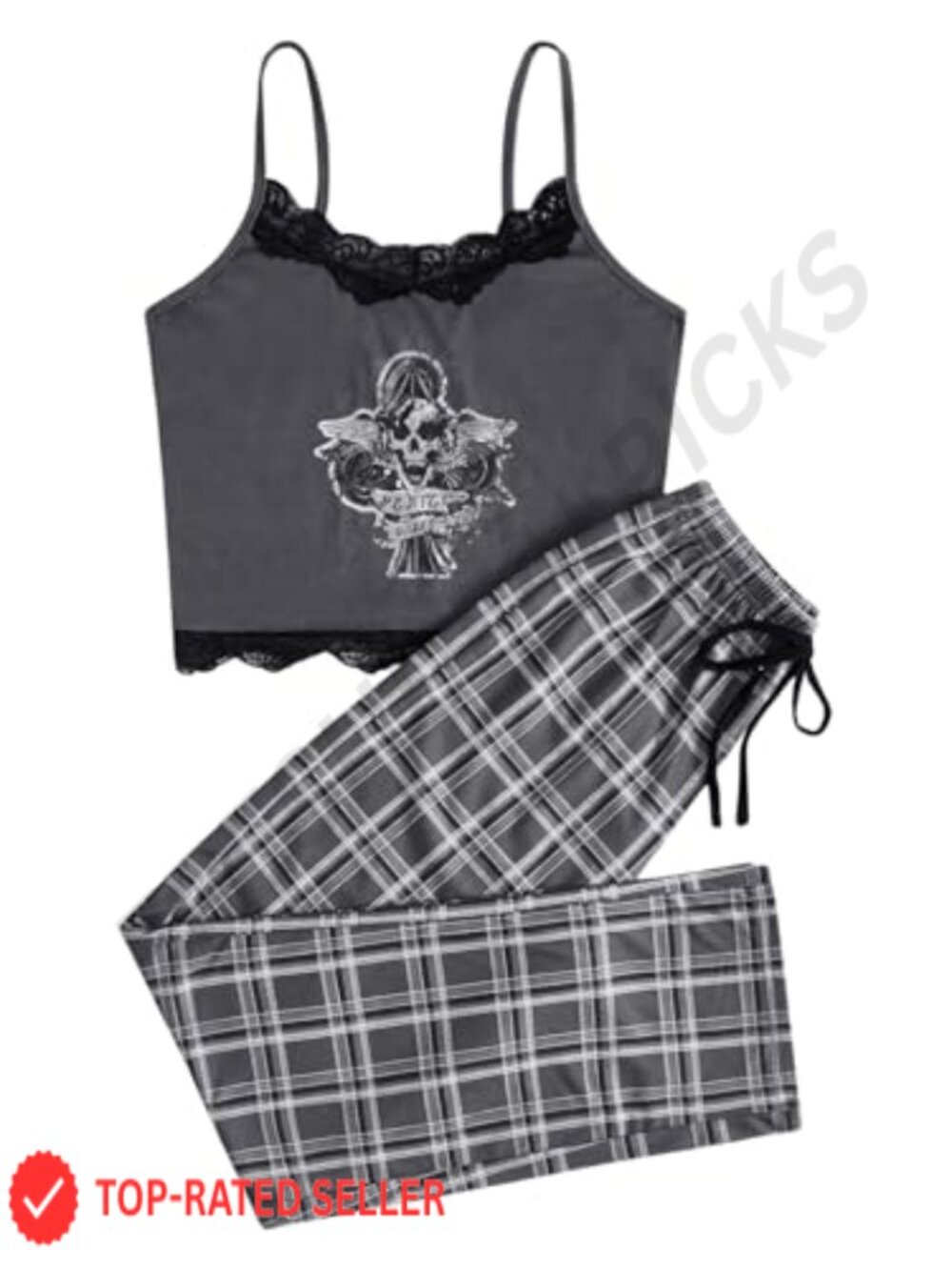2 Piece Skull Print Goth Pajama Set Sleeveless Lace Trim Drawstring Lounge